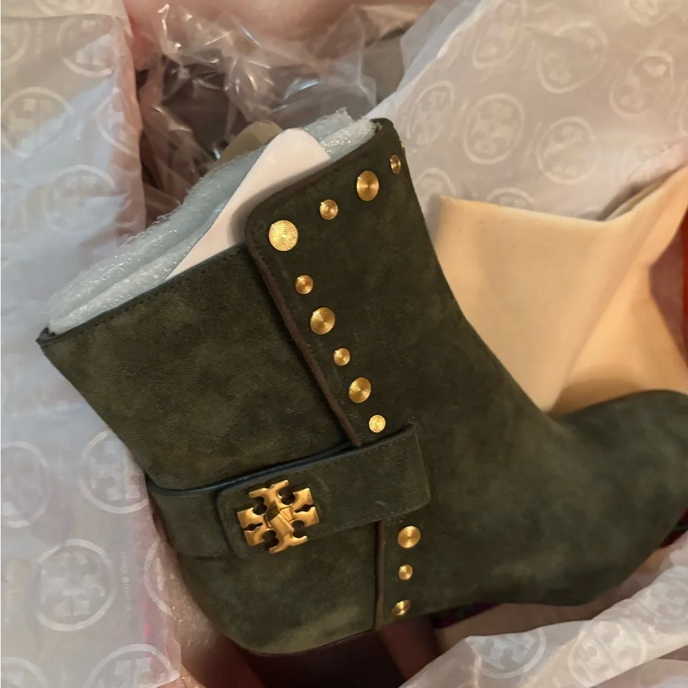 Tory Burch Dark Green Ankle Boots with Gold Studs - Picture 2 of 7